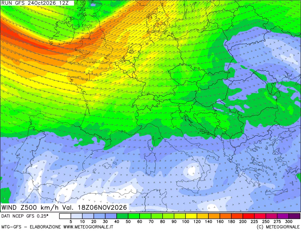 mappa 500 hPa Vento forza e direzione