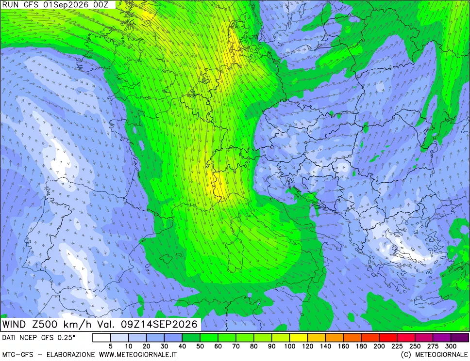 mappa 500 hPa Vento forza e direzione