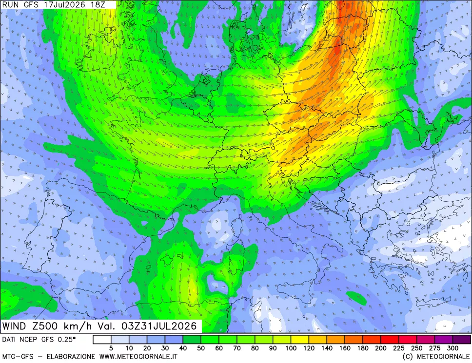 mappa 500 hPa Vento forza e direzione