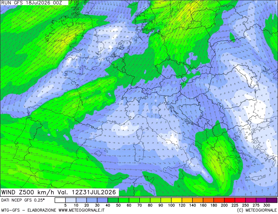 mappa 500 hPa Vento forza e direzione