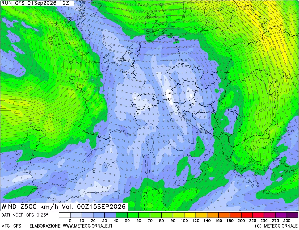 mappa 500 hPa Vento forza e direzione
