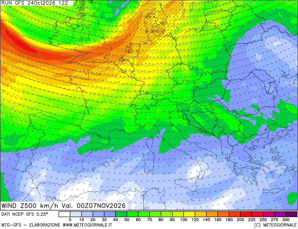 mappa 500 hPa Vento forza e direzione