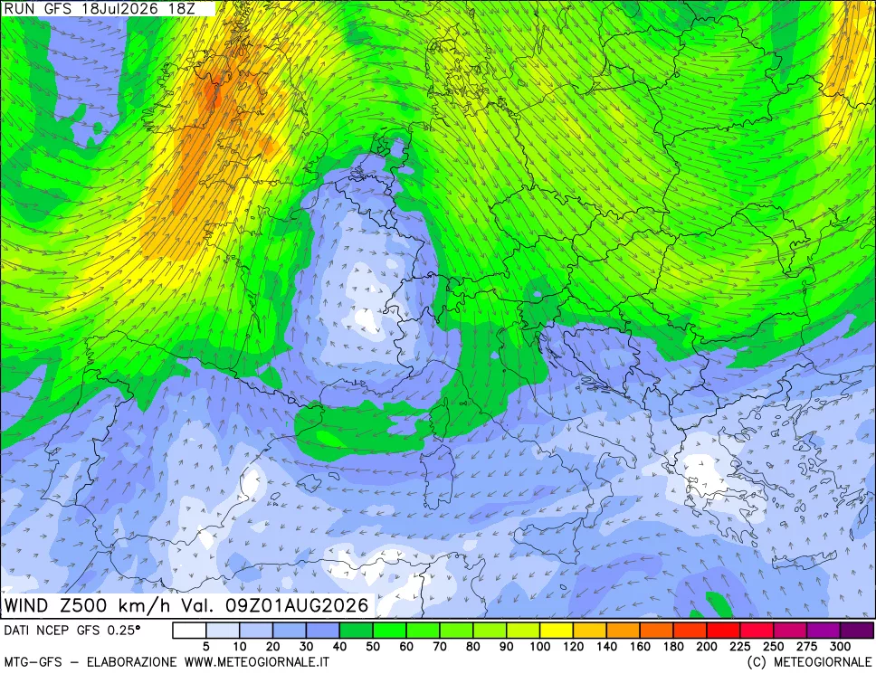 mappa 500 hPa Vento forza e direzione