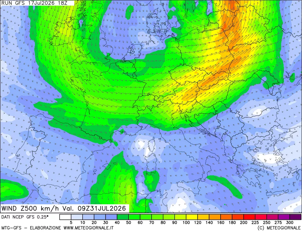 mappa 500 hPa Vento forza e direzione