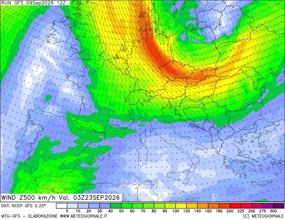 mappa 500 hPa Vento forza e direzione