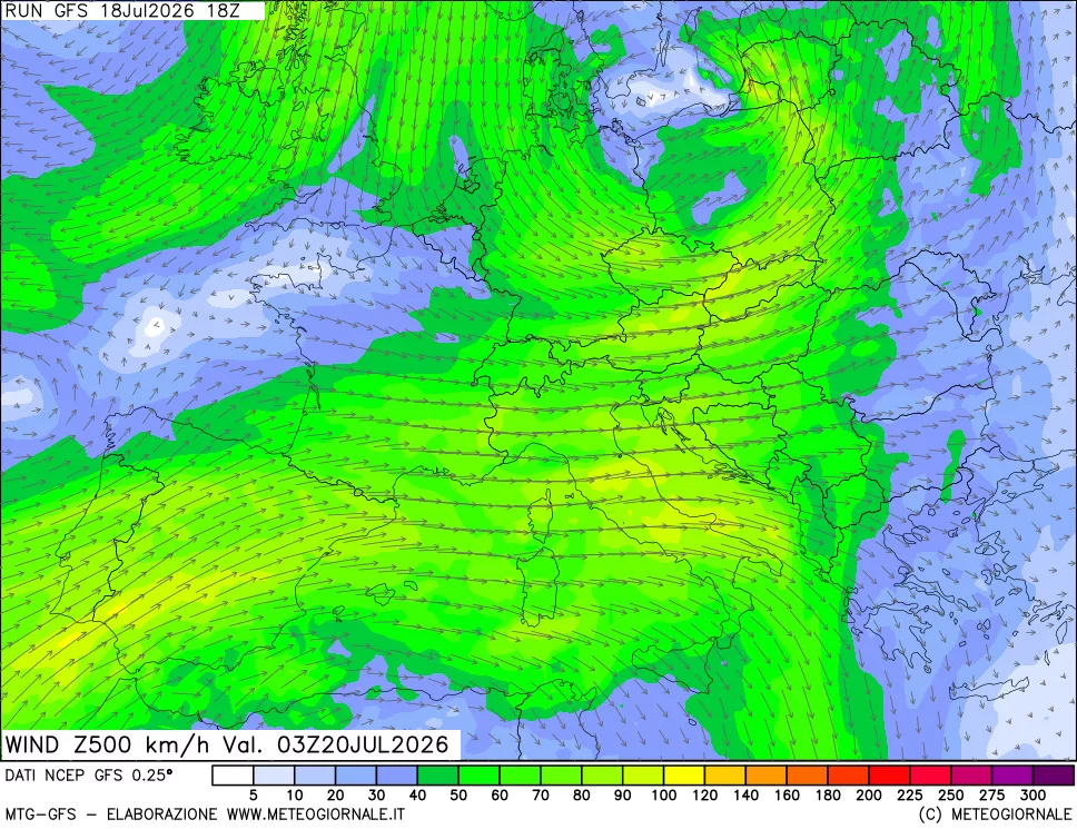 mappa 500 hPa Vento forza e direzione