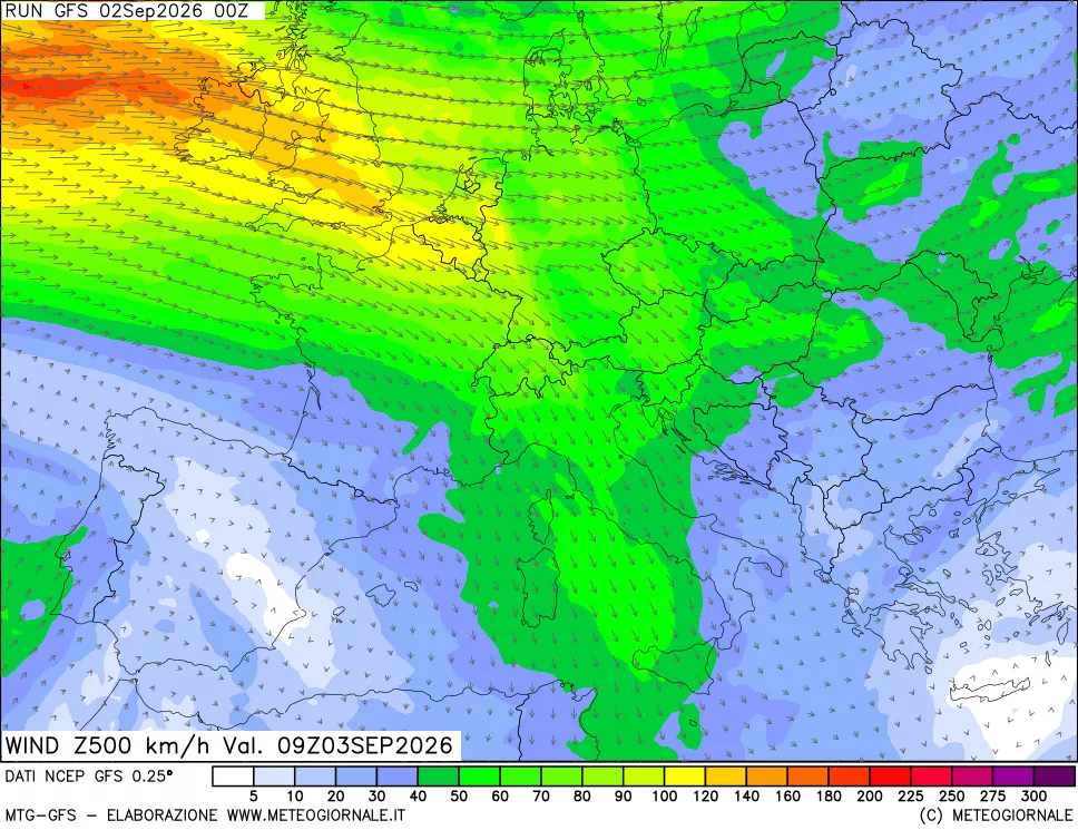 mappa 500 hPa Vento forza e direzione