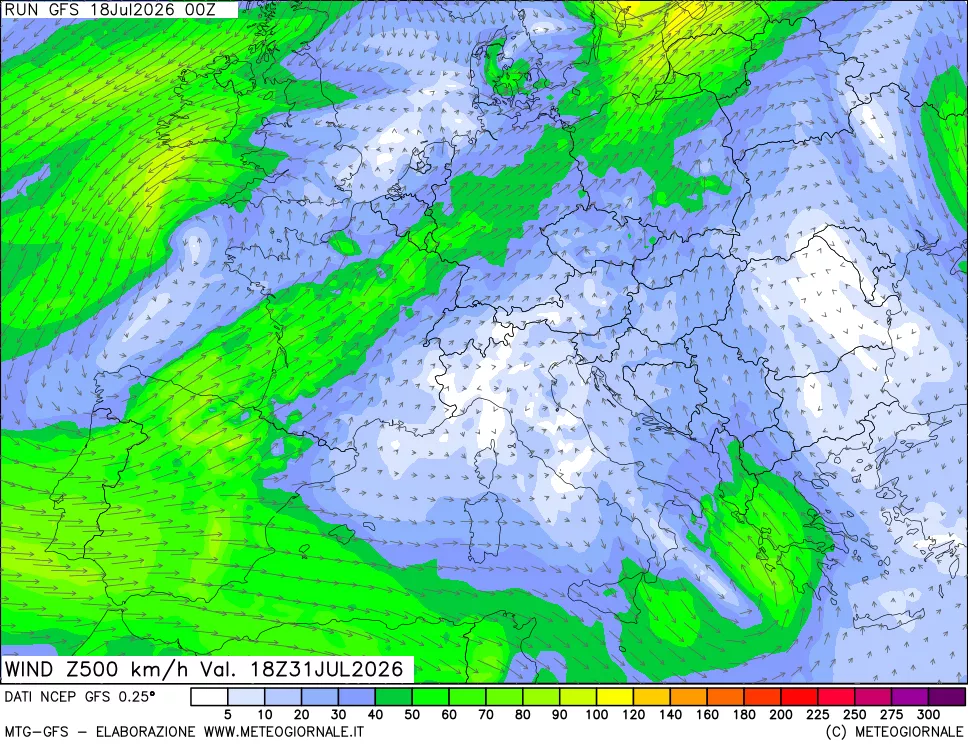 mappa 500 hPa Vento forza e direzione