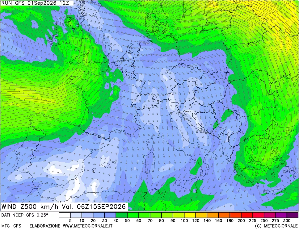 mappa 500 hPa Vento forza e direzione
