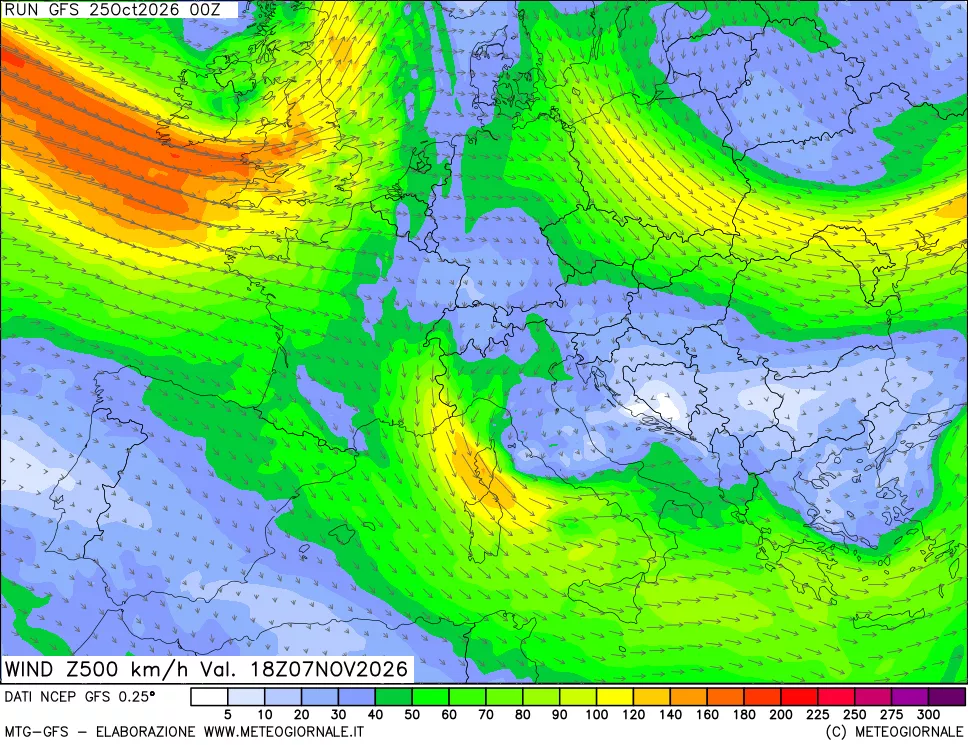 mappa 500 hPa Vento forza e direzione
