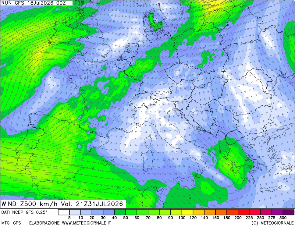 mappa 500 hPa Vento forza e direzione