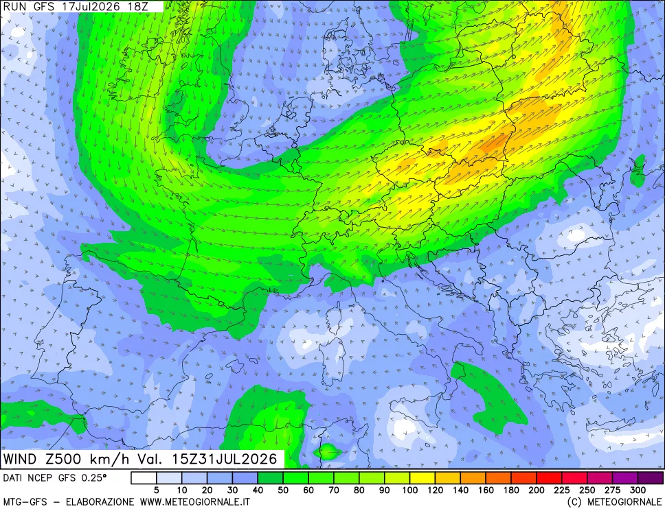 mappa 500 hPa Vento forza e direzione