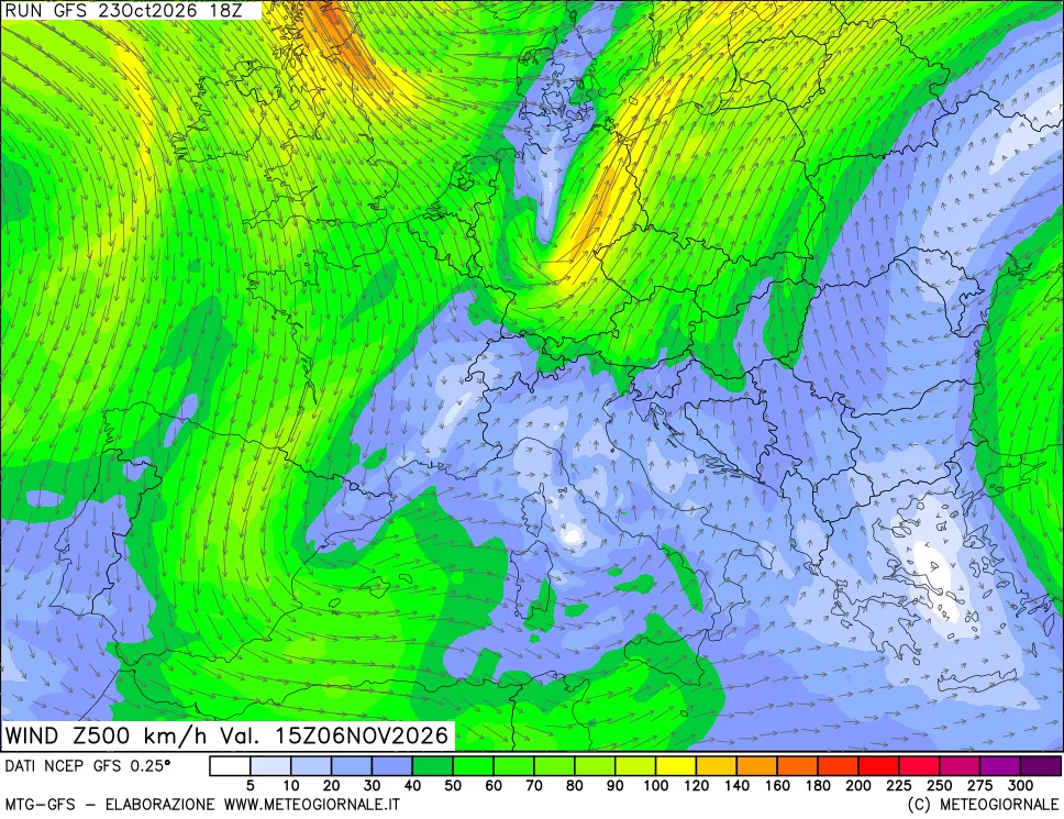 mappa 500 hPa Vento forza e direzione
