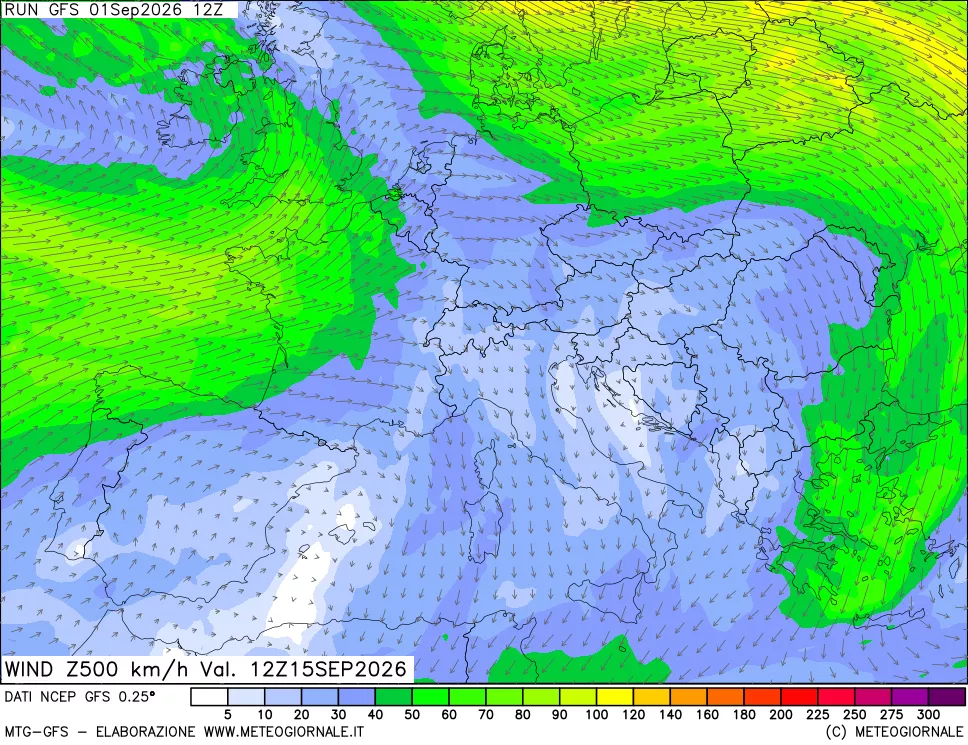 mappa 500 hPa Vento forza e direzione