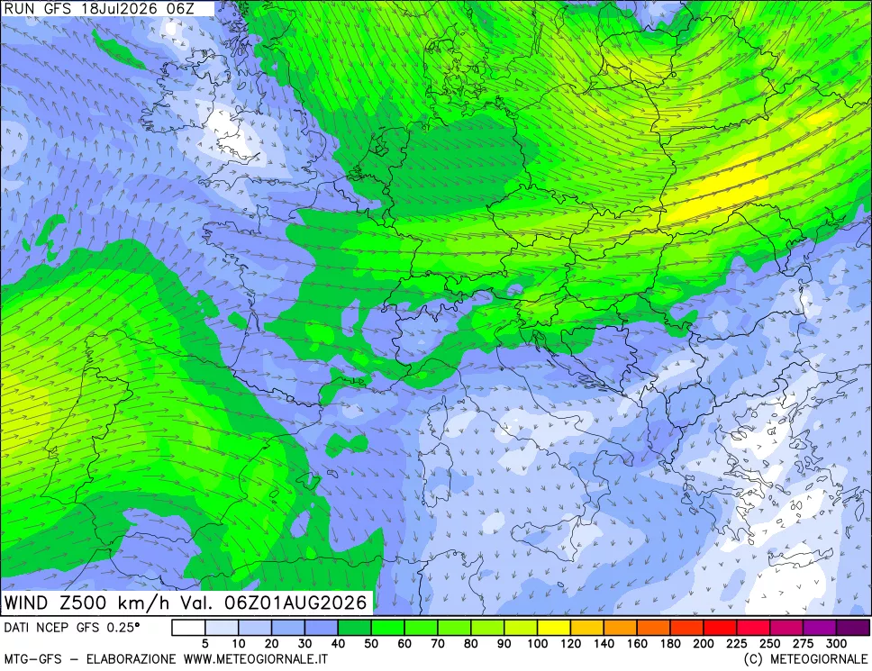 mappa 500 hPa Vento forza e direzione
