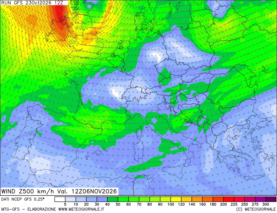 mappa 500 hPa Vento forza e direzione