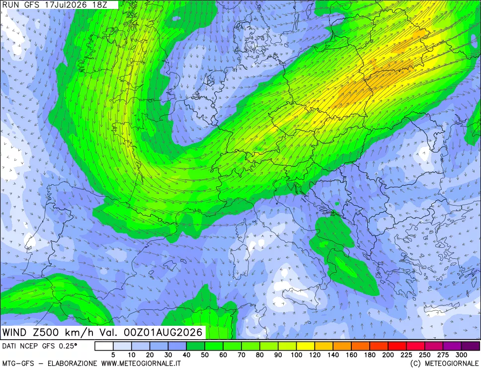 mappa 500 hPa Vento forza e direzione
