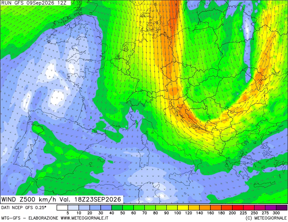 mappa 500 hPa Vento forza e direzione