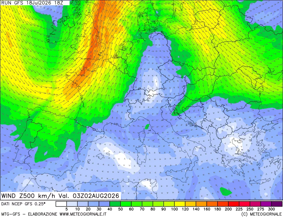 mappa 500 hPa Vento forza e direzione