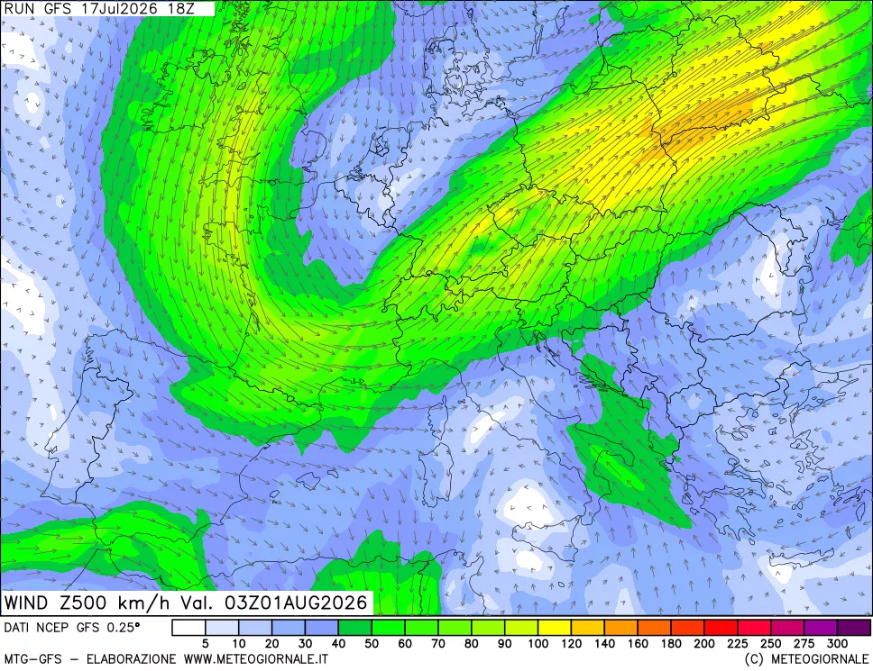 mappa 500 hPa Vento forza e direzione
