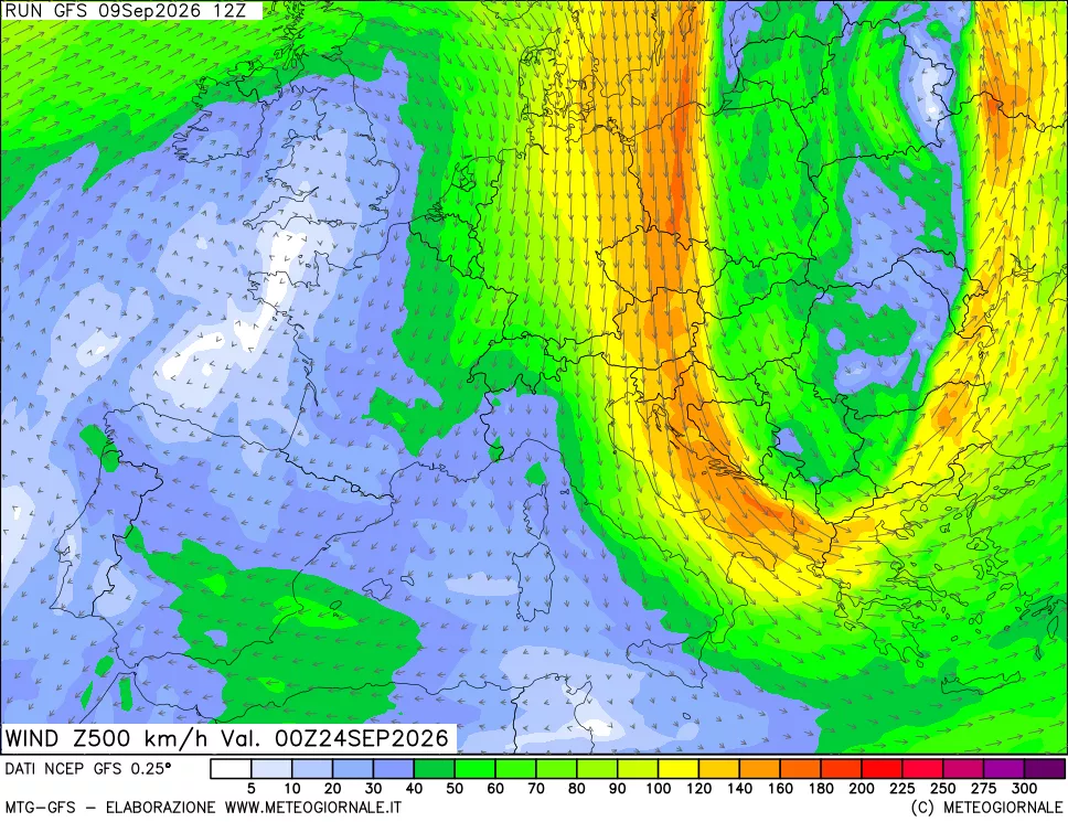 mappa 500 hPa Vento forza e direzione