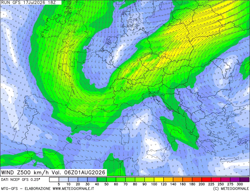 mappa 500 hPa Vento forza e direzione