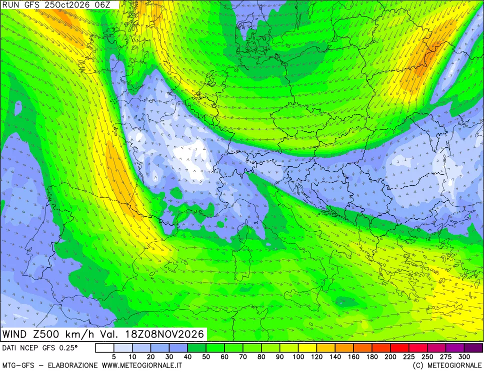 mappa 500 hPa Vento forza e direzione