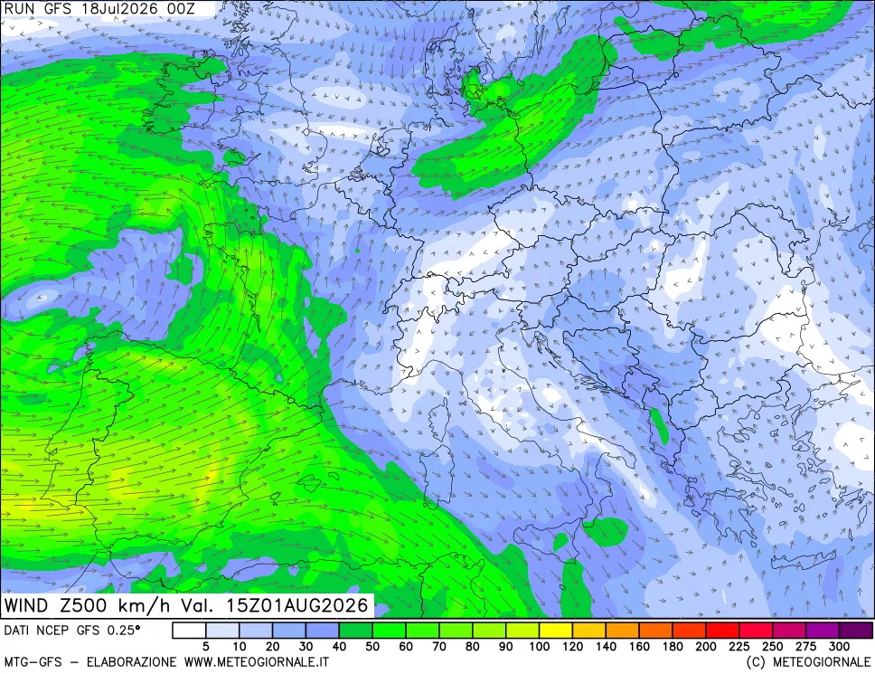 mappa 500 hPa Vento forza e direzione