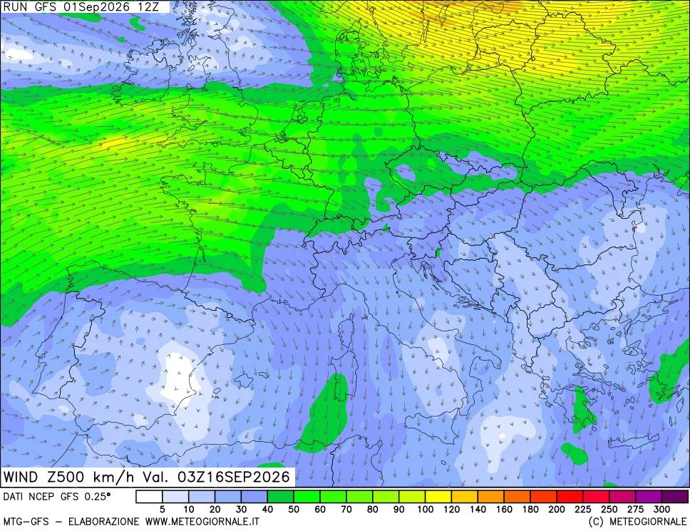 mappa 500 hPa Vento forza e direzione