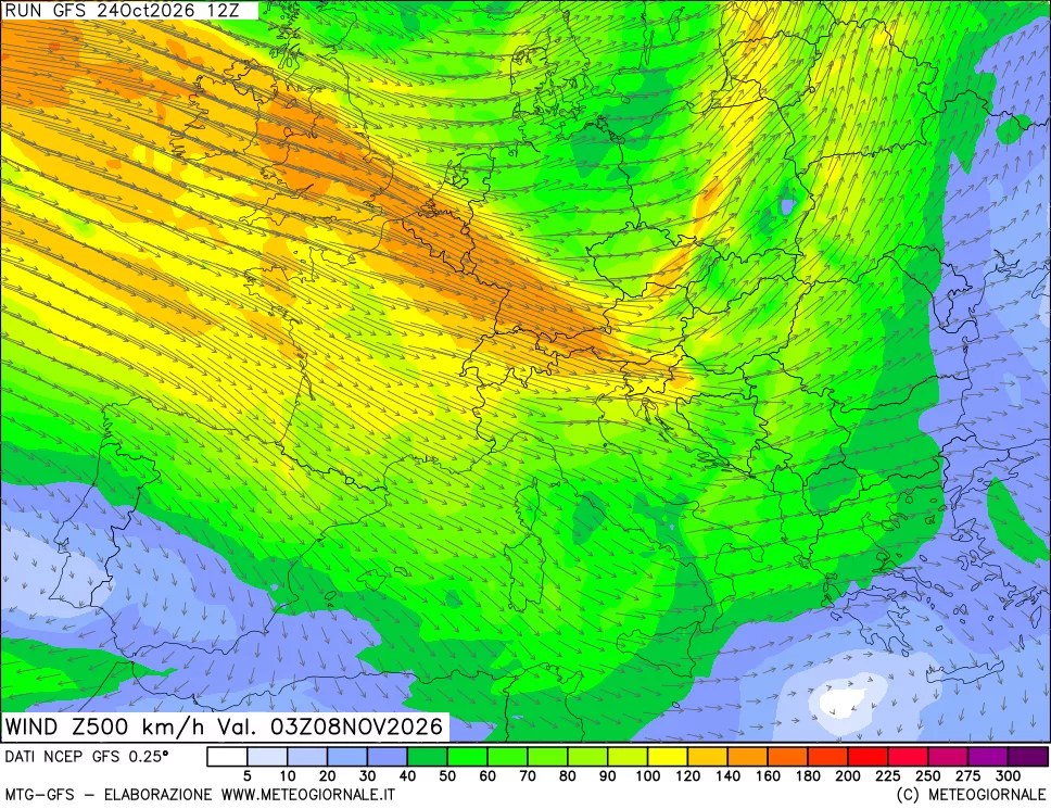 mappa 500 hPa Vento forza e direzione