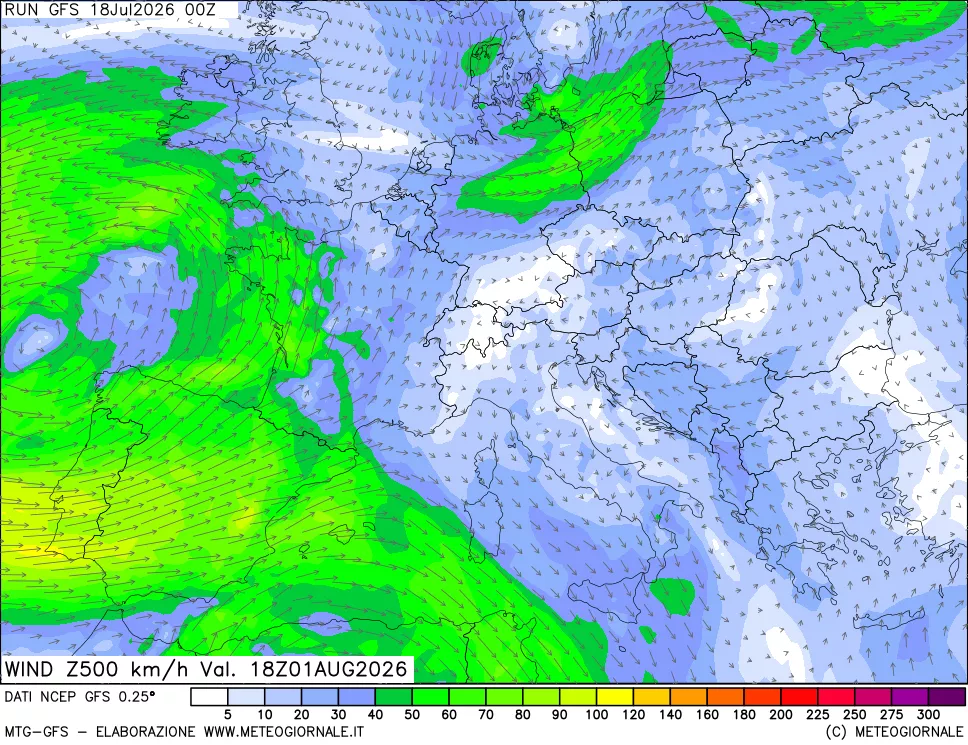 mappa 500 hPa Vento forza e direzione