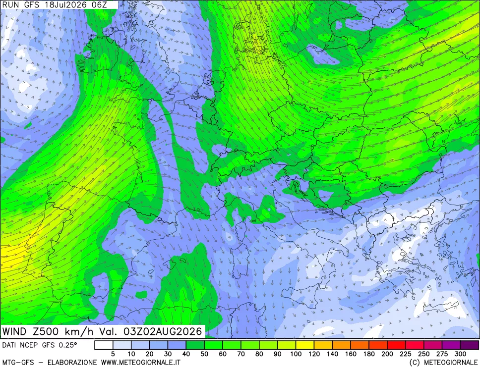 mappa 500 hPa Vento forza e direzione