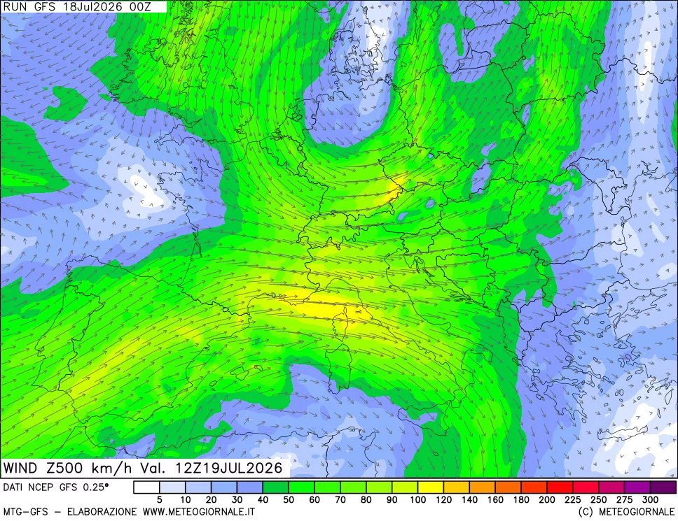 mappa 500 hPa Vento forza e direzione