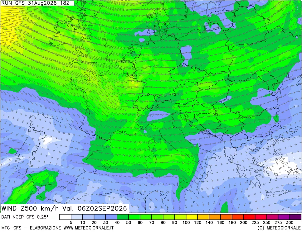 mappa 500 hPa Vento forza e direzione