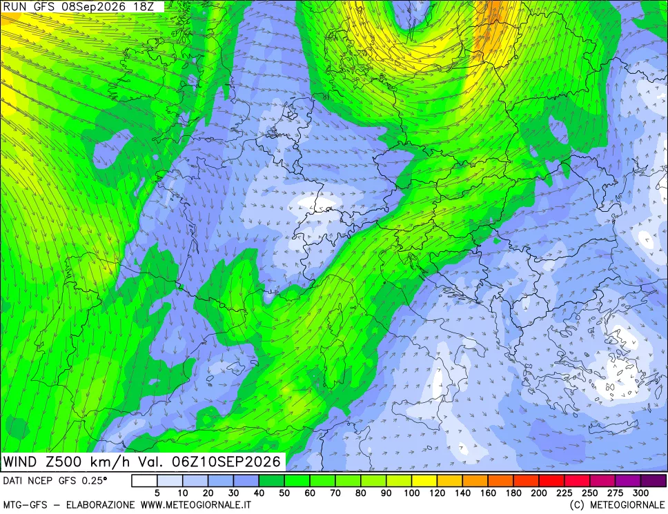 mappa 500 hPa Vento forza e direzione