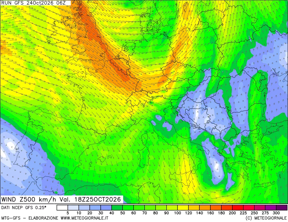 mappa 500 hPa Vento forza e direzione