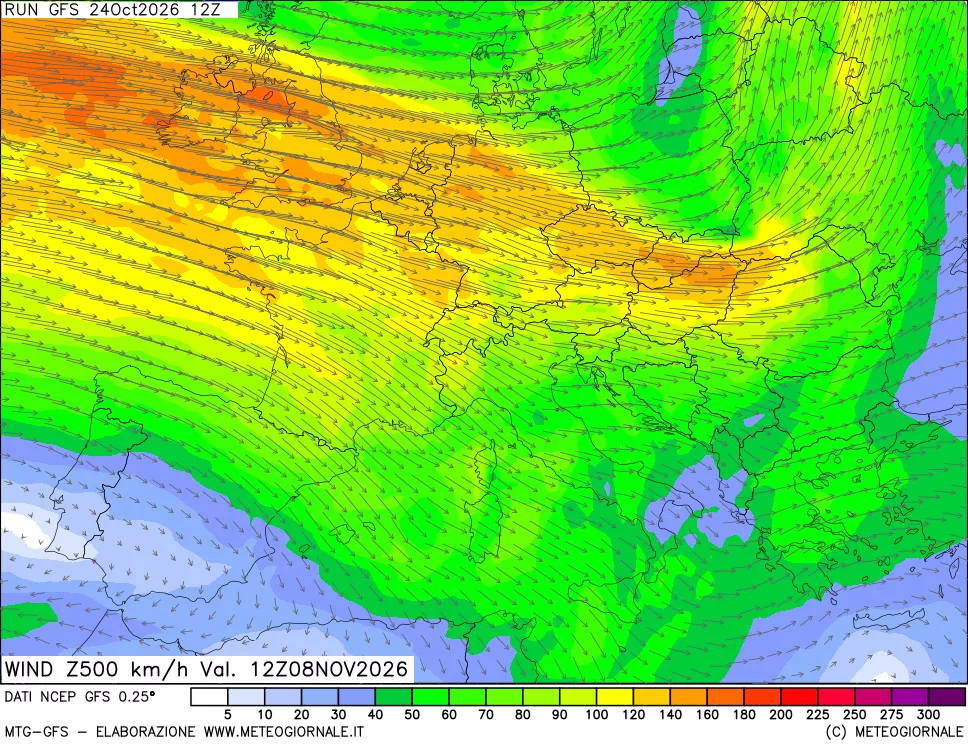 mappa 500 hPa Vento forza e direzione