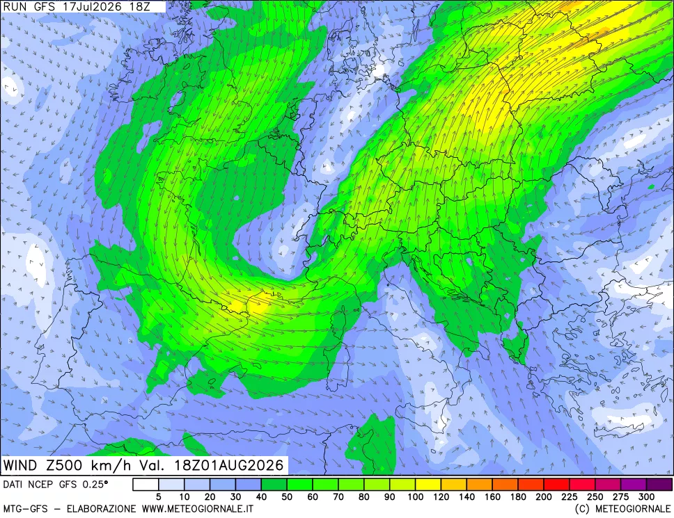 mappa 500 hPa Vento forza e direzione