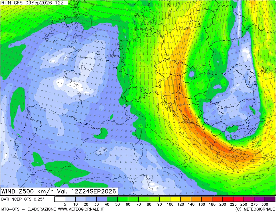 mappa 500 hPa Vento forza e direzione