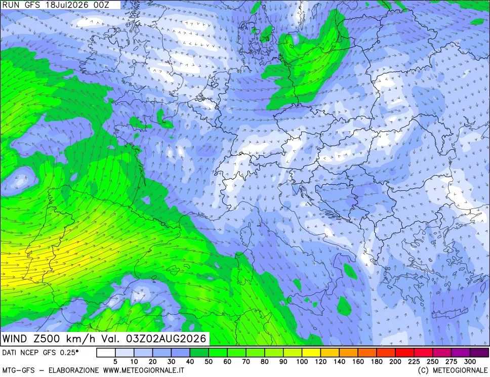 mappa 500 hPa Vento forza e direzione