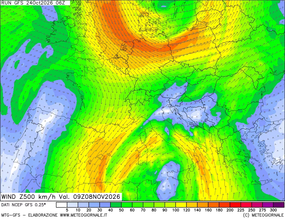mappa 500 hPa Vento forza e direzione