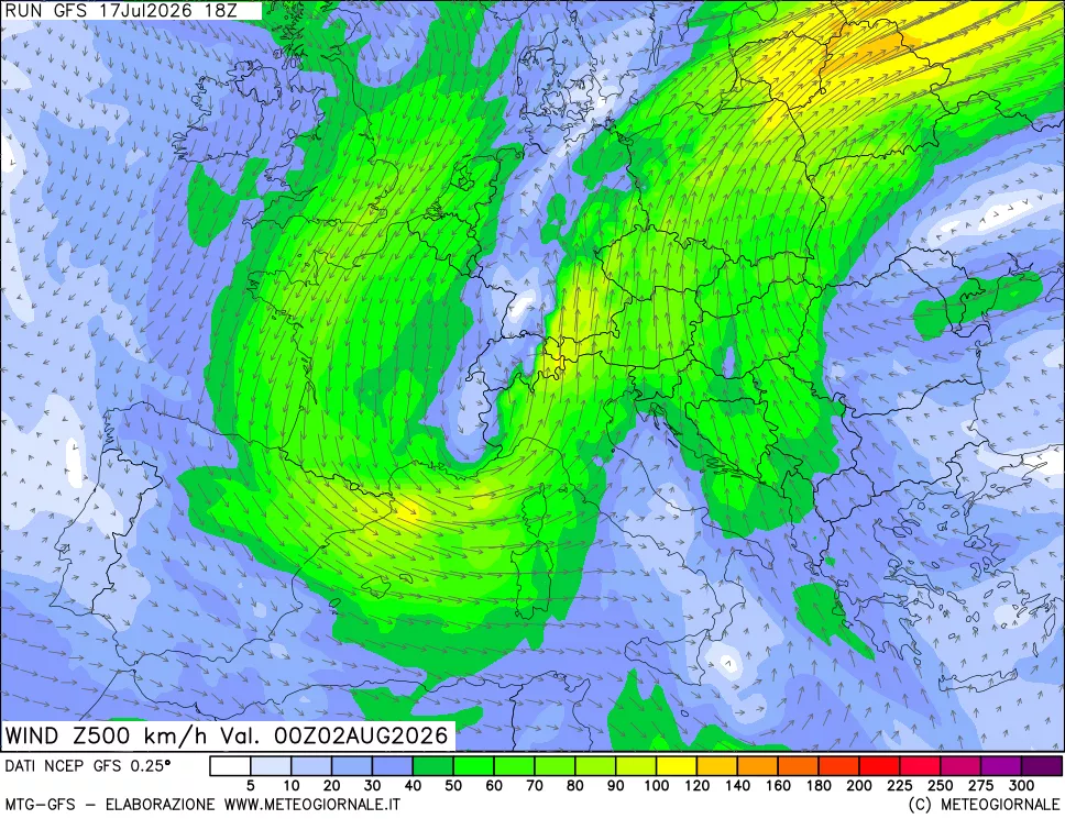 mappa 500 hPa Vento forza e direzione