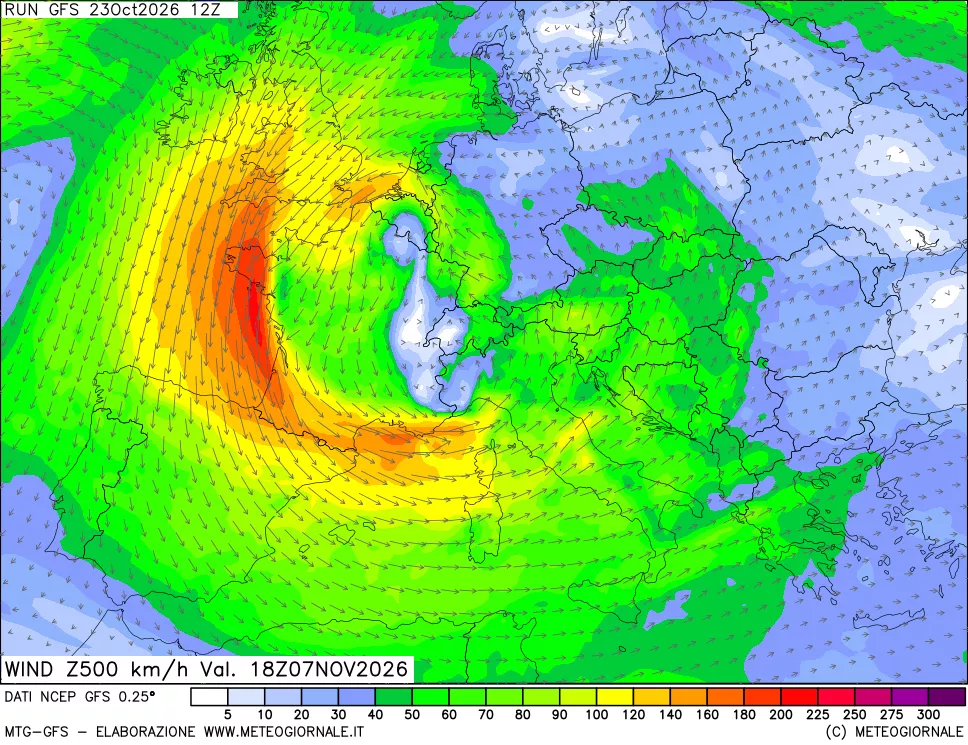 mappa 500 hPa Vento forza e direzione