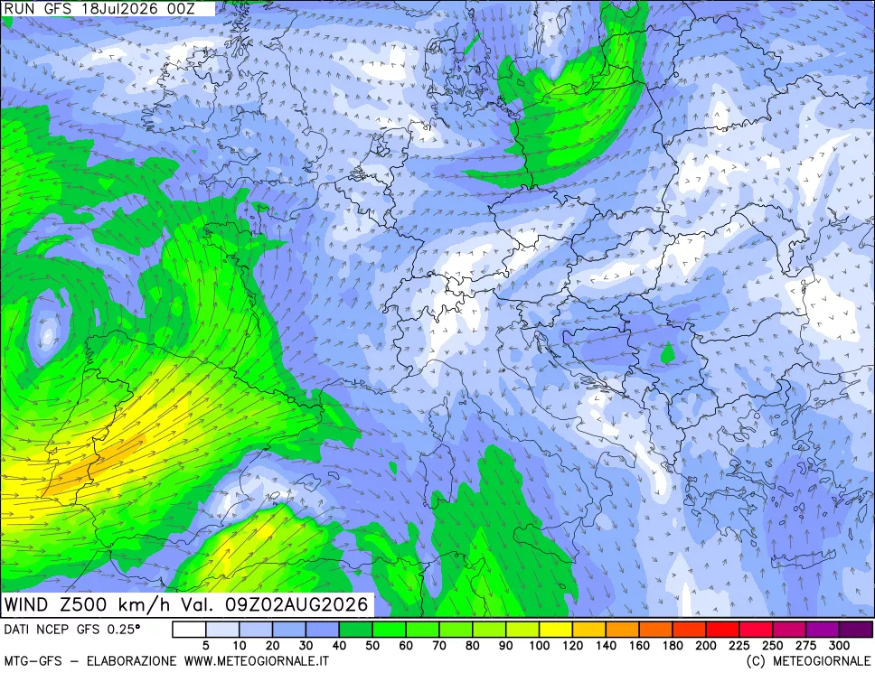 mappa 500 hPa Vento forza e direzione