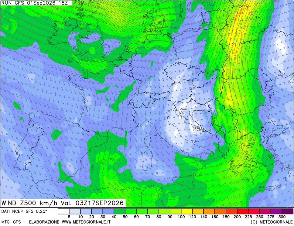 mappa 500 hPa Vento forza e direzione