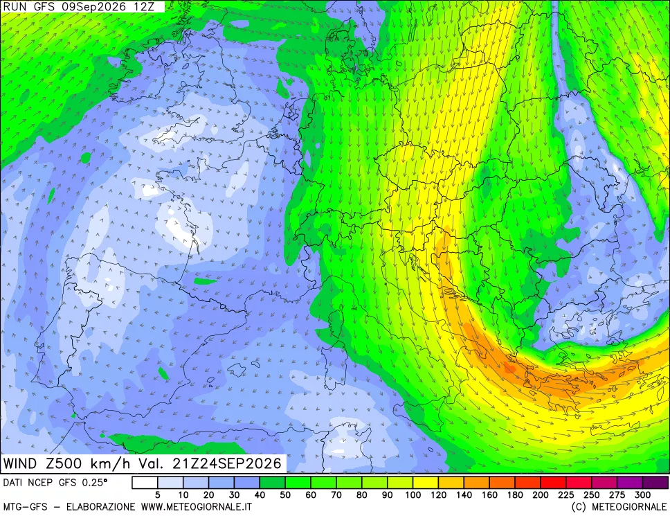 mappa 500 hPa Vento forza e direzione