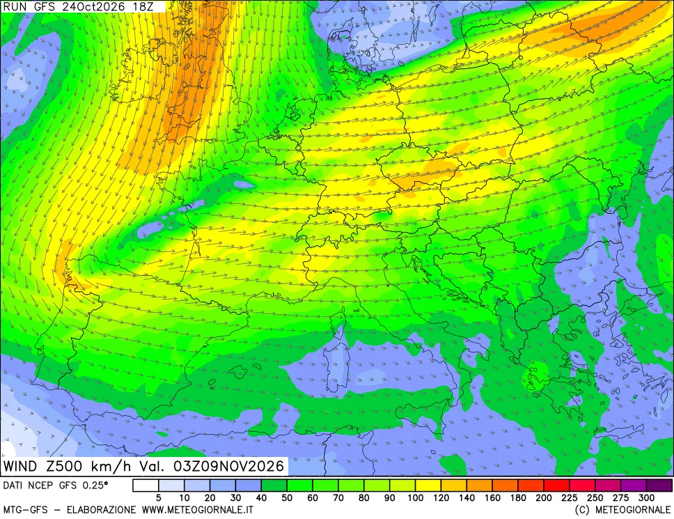 mappa 500 hPa Vento forza e direzione