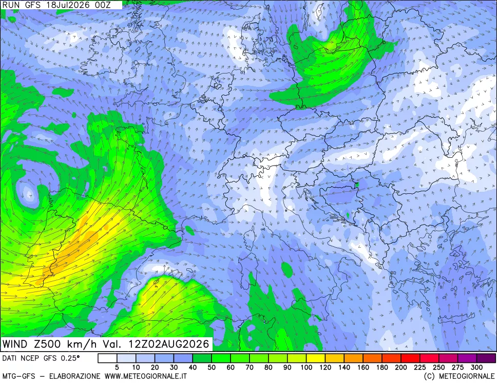 mappa 500 hPa Vento forza e direzione