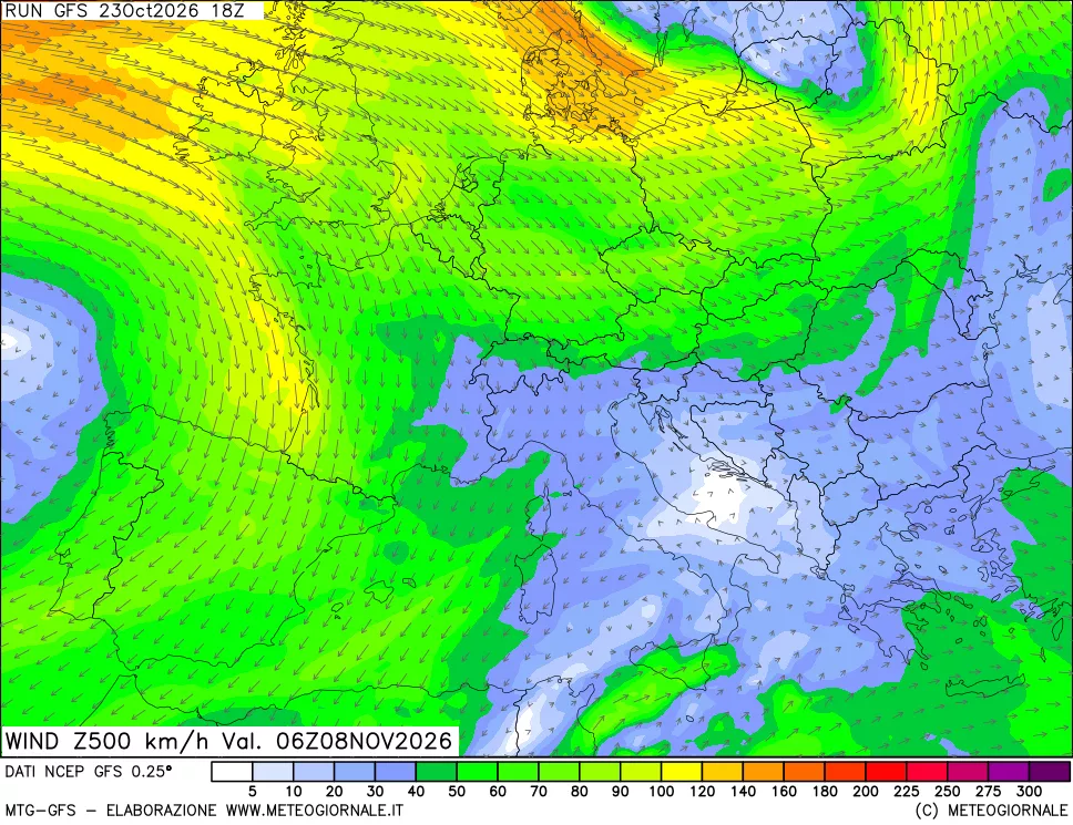 mappa 500 hPa Vento forza e direzione