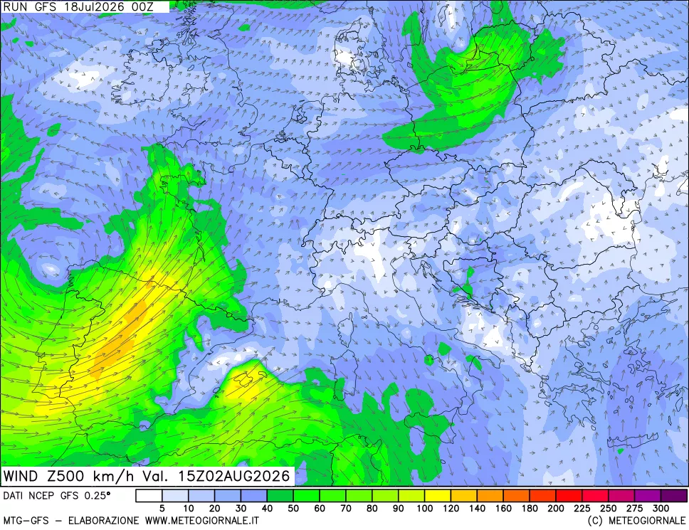 mappa 500 hPa Vento forza e direzione
